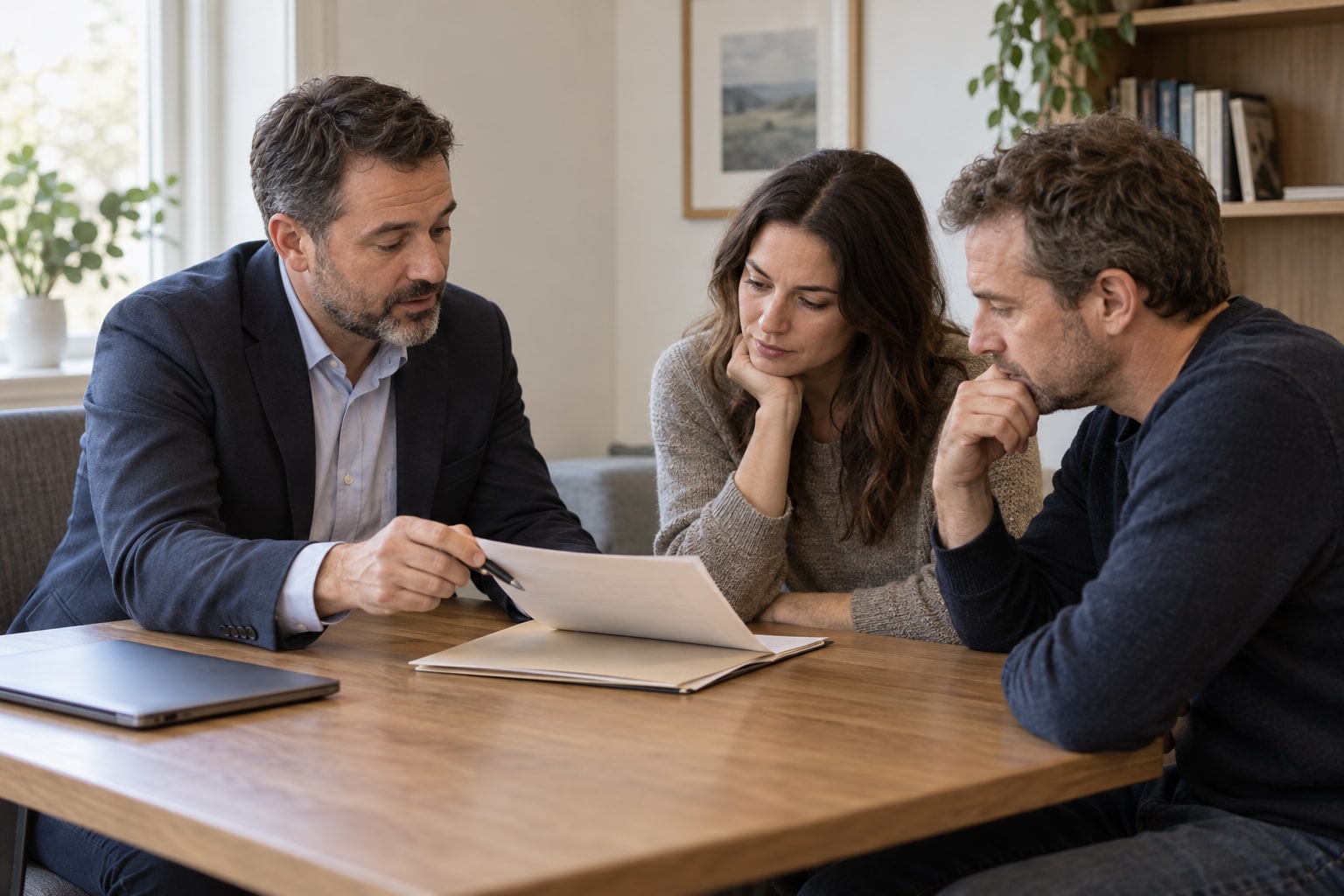 Illustrative consultation with documents at a meeting table