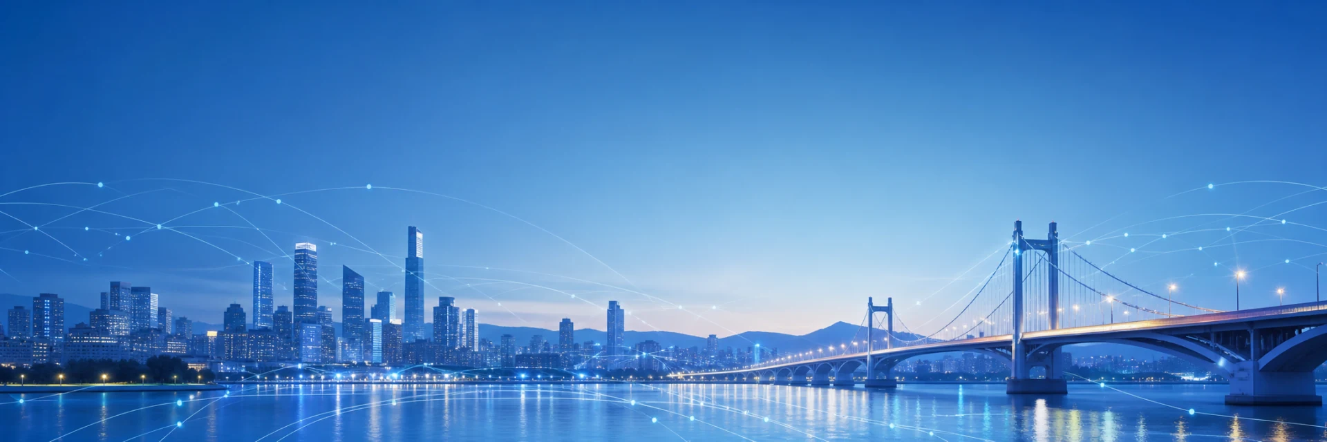 A city skyline and bridge with network connections