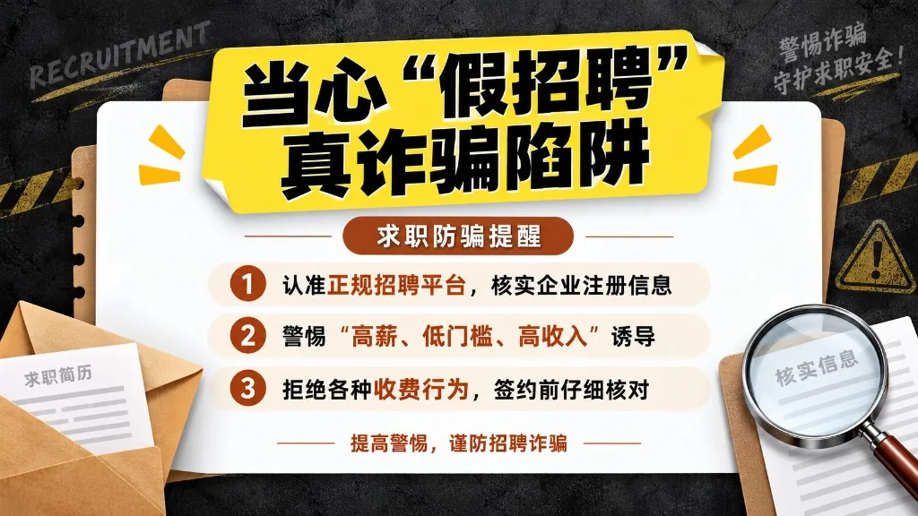 A recruitment scam awareness poster in Chinese